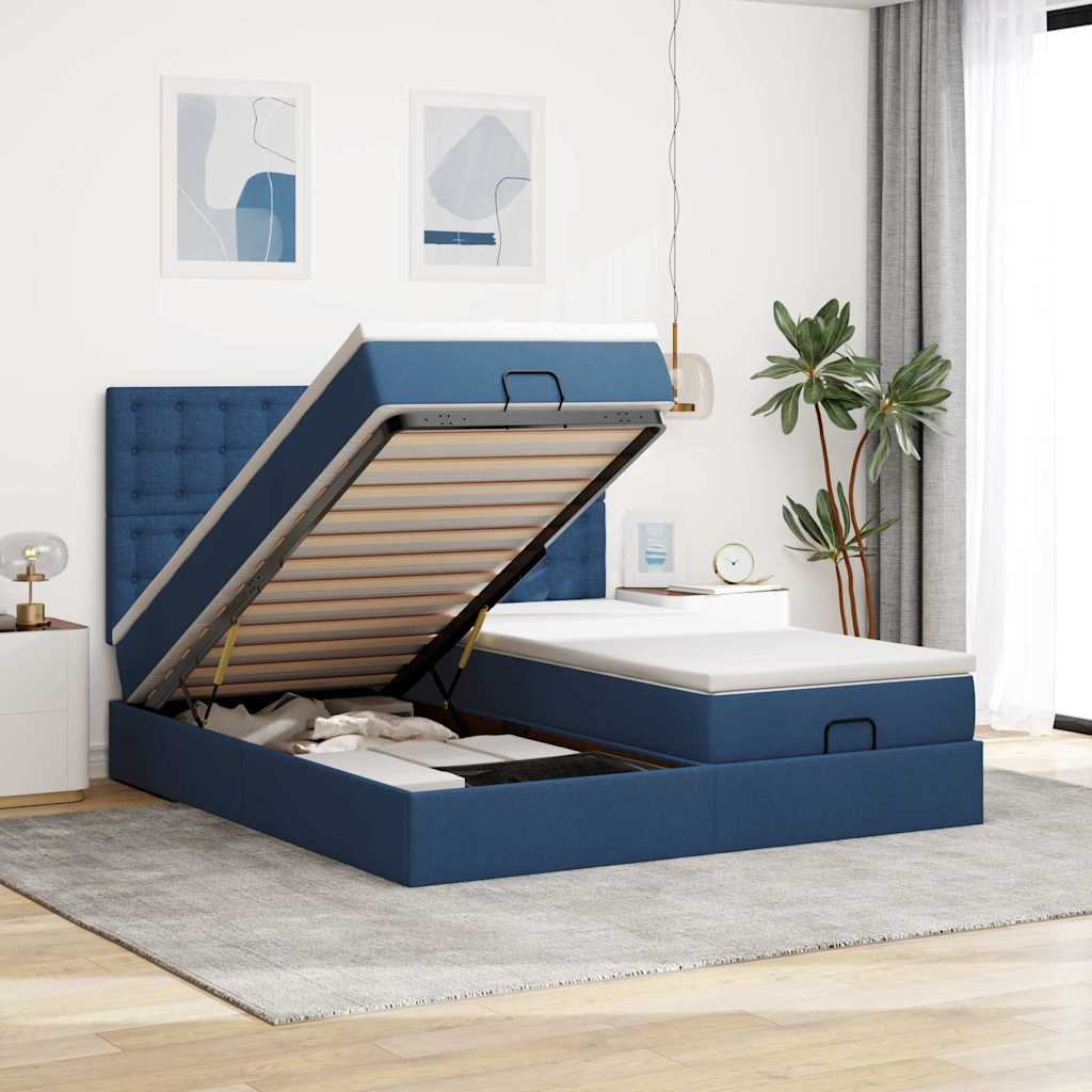 Estrutura de cama otomana com colchões 200x200cm tecido azul