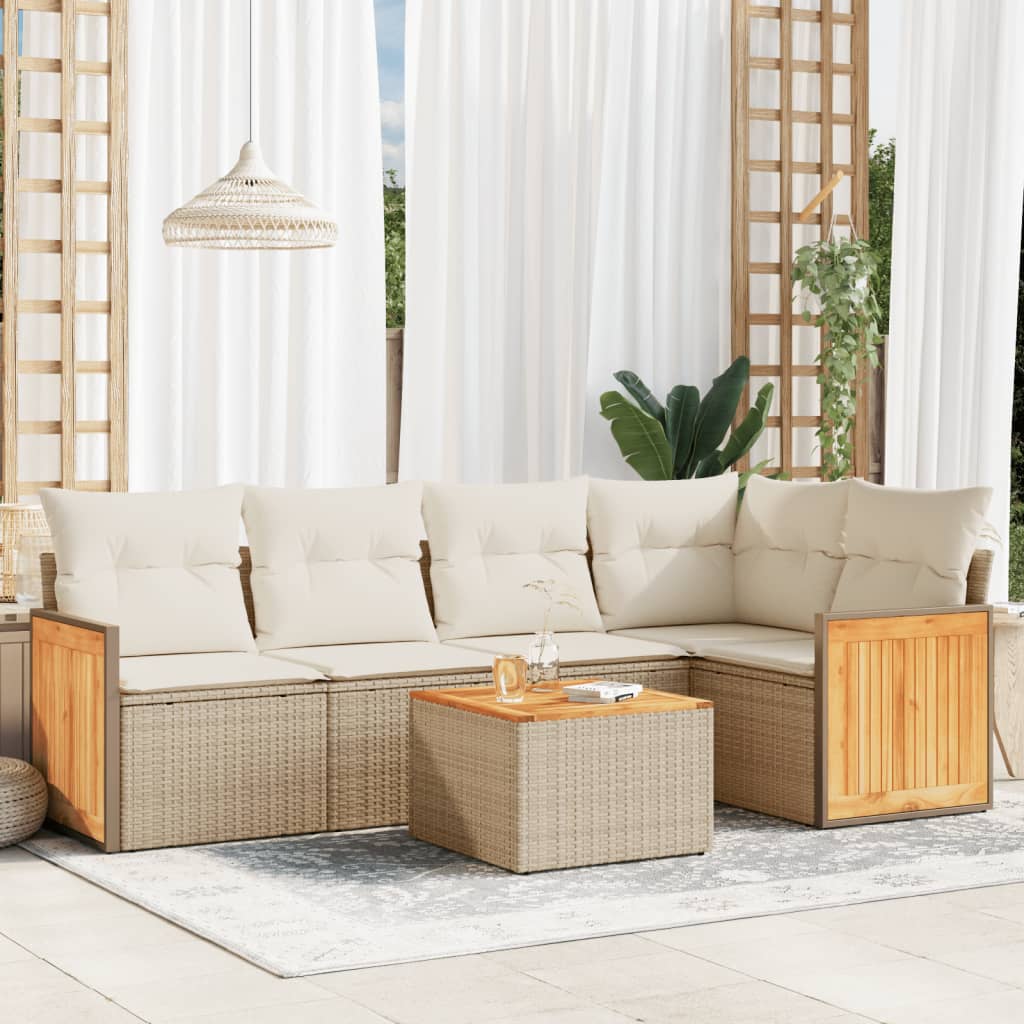 6 Pcs conjunto de sofás p/ jardim com almofadões vime PE bege