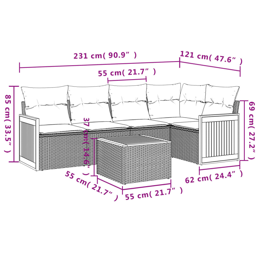 6 Pcs conjunto de sofás p/ jardim com almofadões vime PE bege