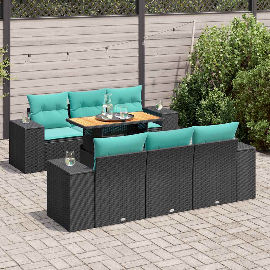 7 Pcs conjunto de sofás p/ jardim c/ almofadões vime PE preto