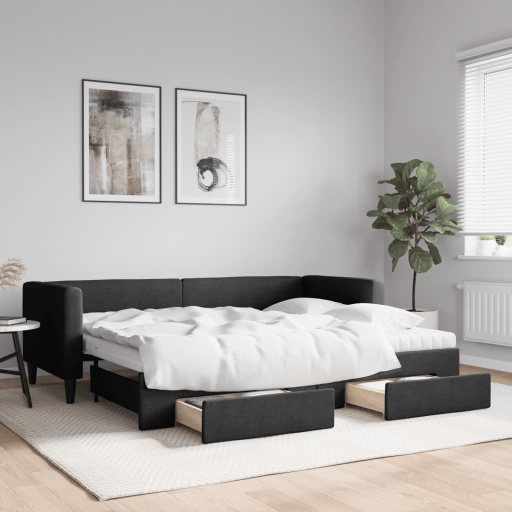 Sofá-cama com gavetão e gavetas 80x200 cm tecido preto