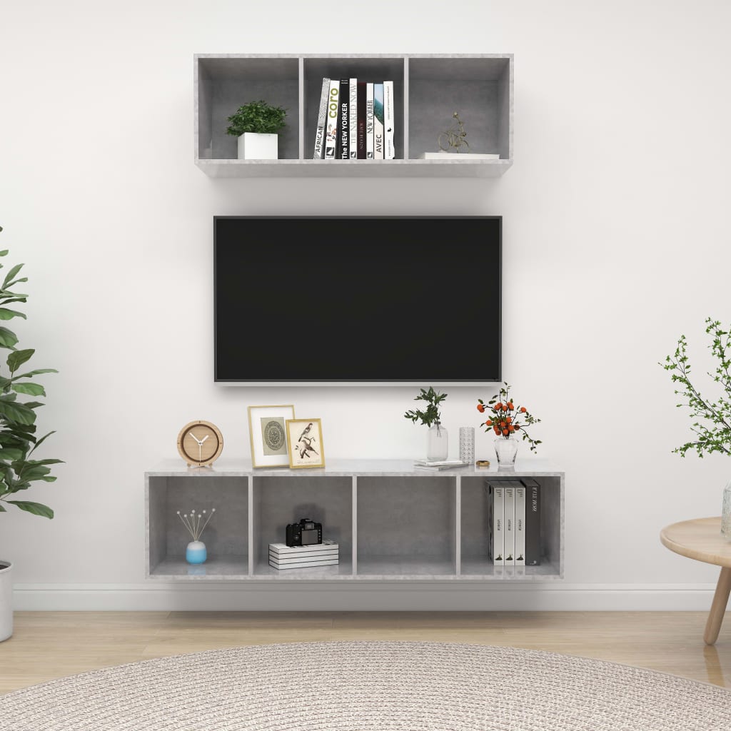2 Pcs conjunto de móveis de TV contraplacado cinzento cimento