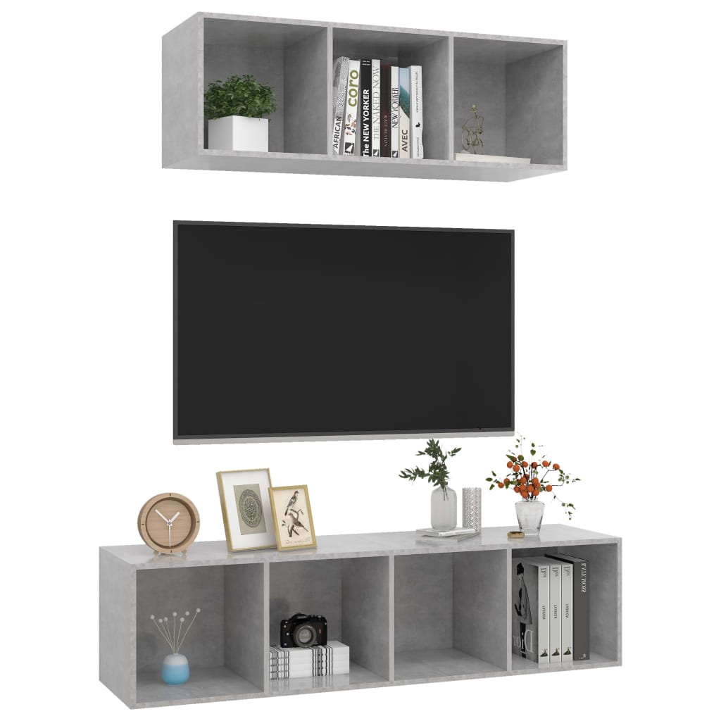 2 Pcs conjunto de móveis de TV contraplacado cinzento cimento