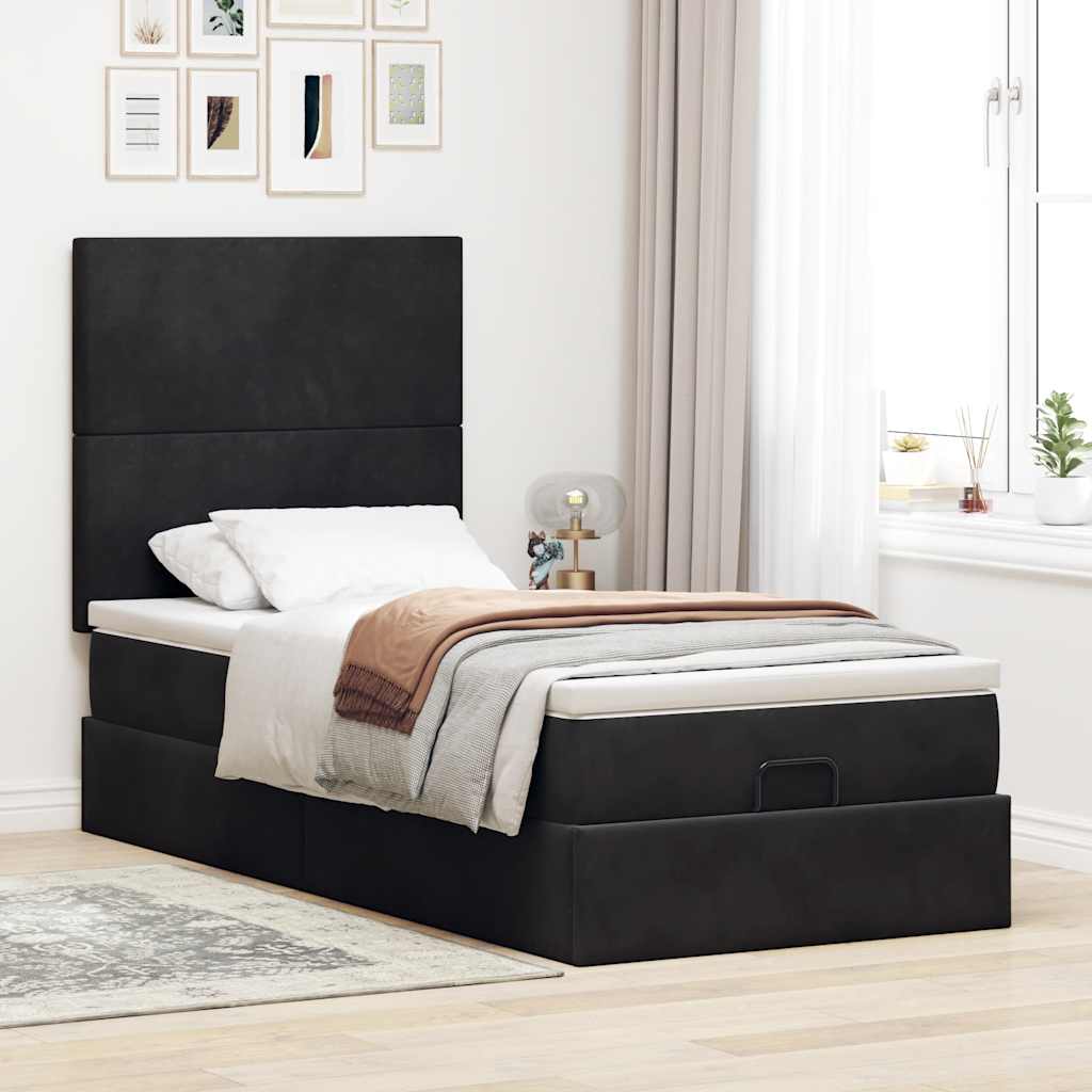 Estrutura de cama otomana com colchões preto 100x200cm veludo