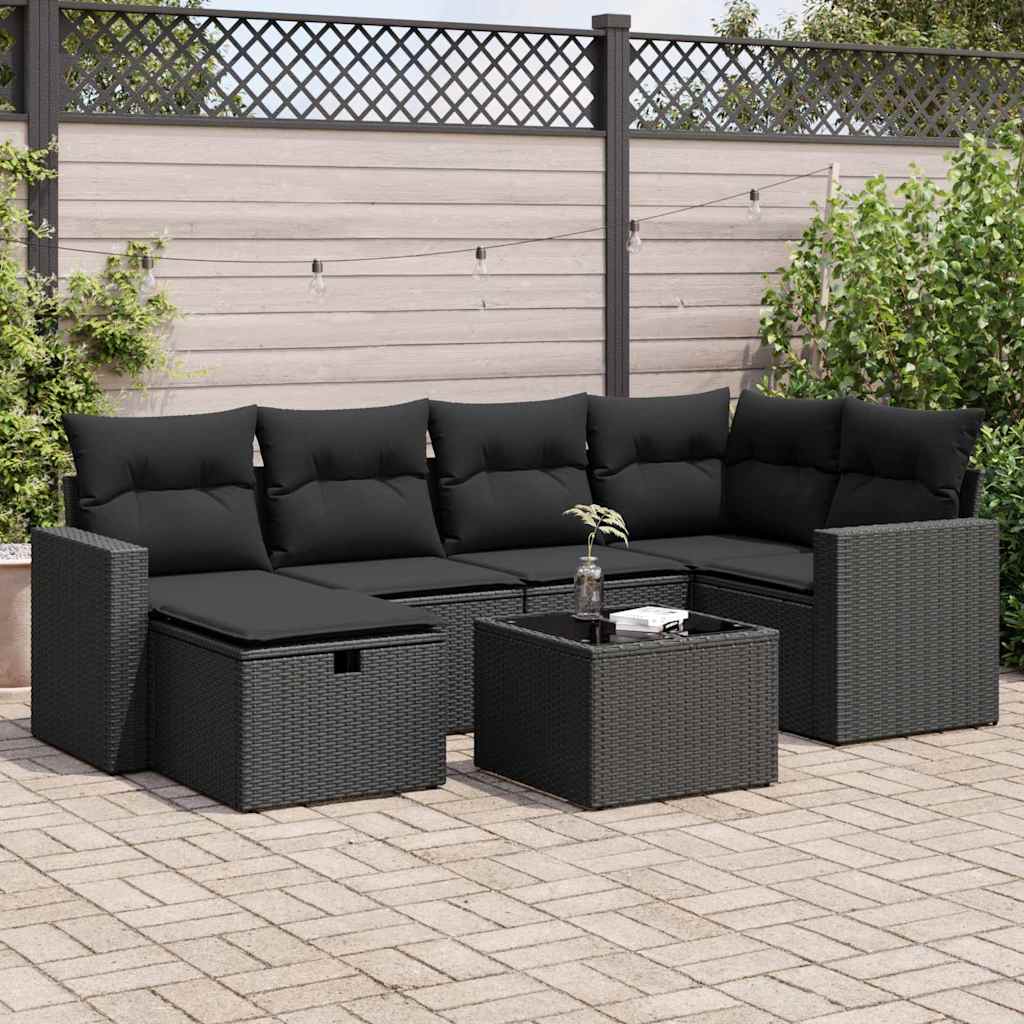 7 Pcs conjunto de sofás p/ jardim c/ almofadões vime PE preto