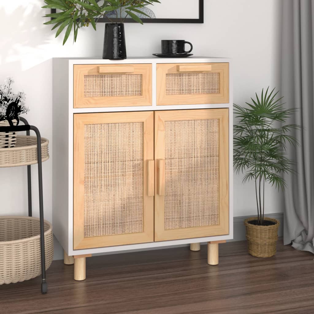Aparador 60x30x75 cm madeira pinho maciça/vime natural branco