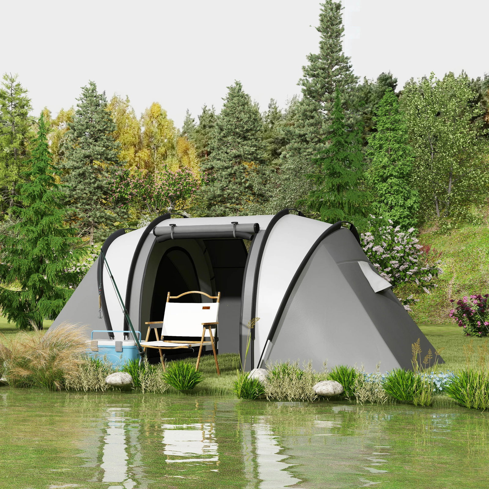 Tenda de campismo familiar para 4-5 pessoas impermeável 3000 mm com 2 quartos bolsa de transporte e gancho 450x220x180 cm cinzento