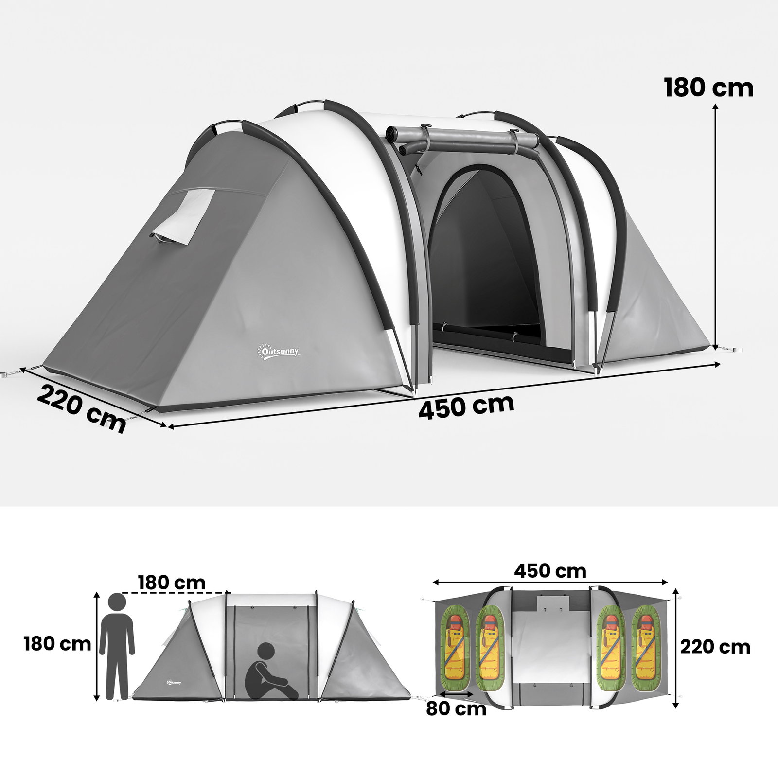 Tenda de campismo familiar para 4-5 pessoas impermeável 3000 mm com 2 quartos bolsa de transporte e gancho 450x220x180 cm cinzento