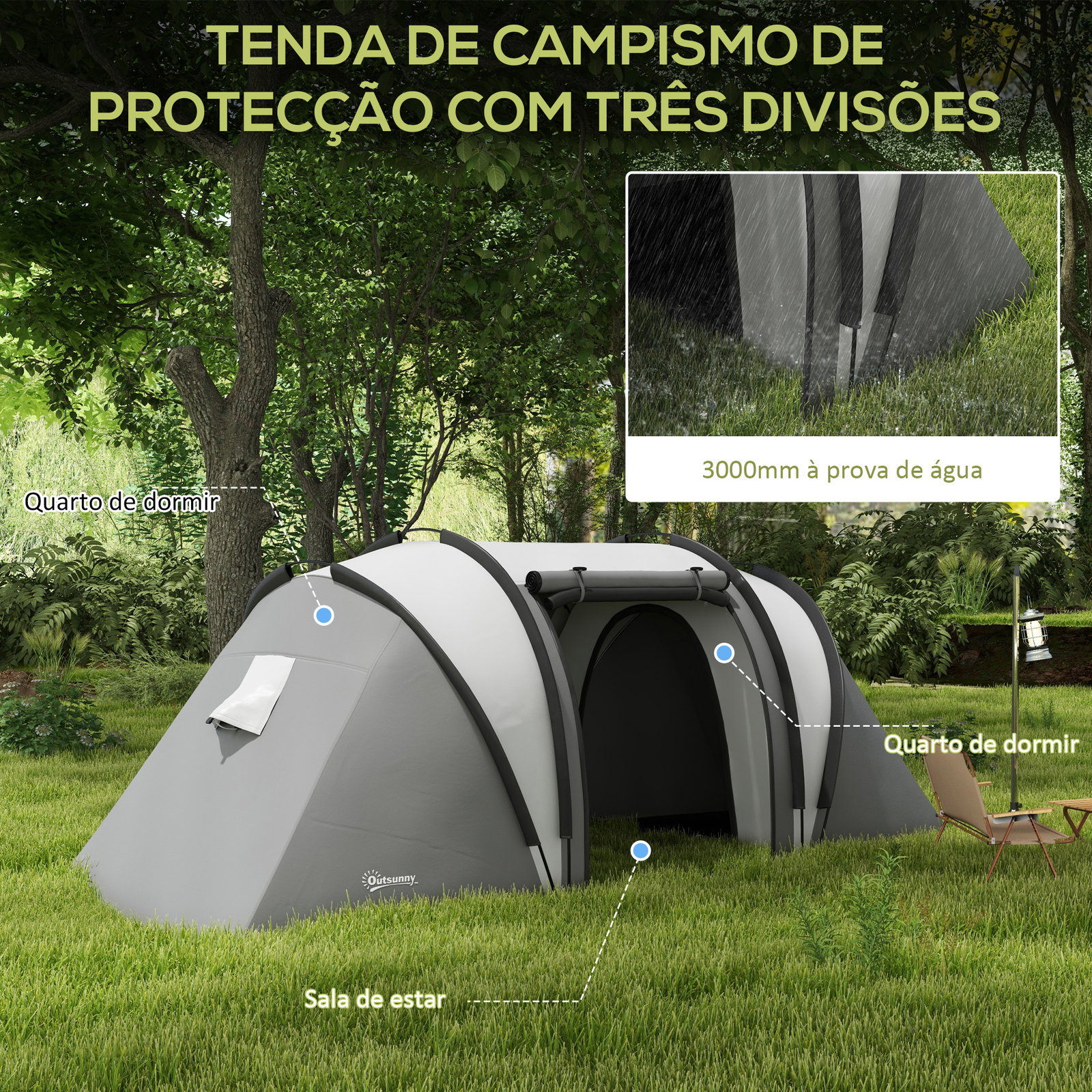 Tenda de campismo familiar para 4-5 pessoas impermeável 3000 mm com 2 quartos bolsa de transporte e gancho 450x220x180 cm cinzento