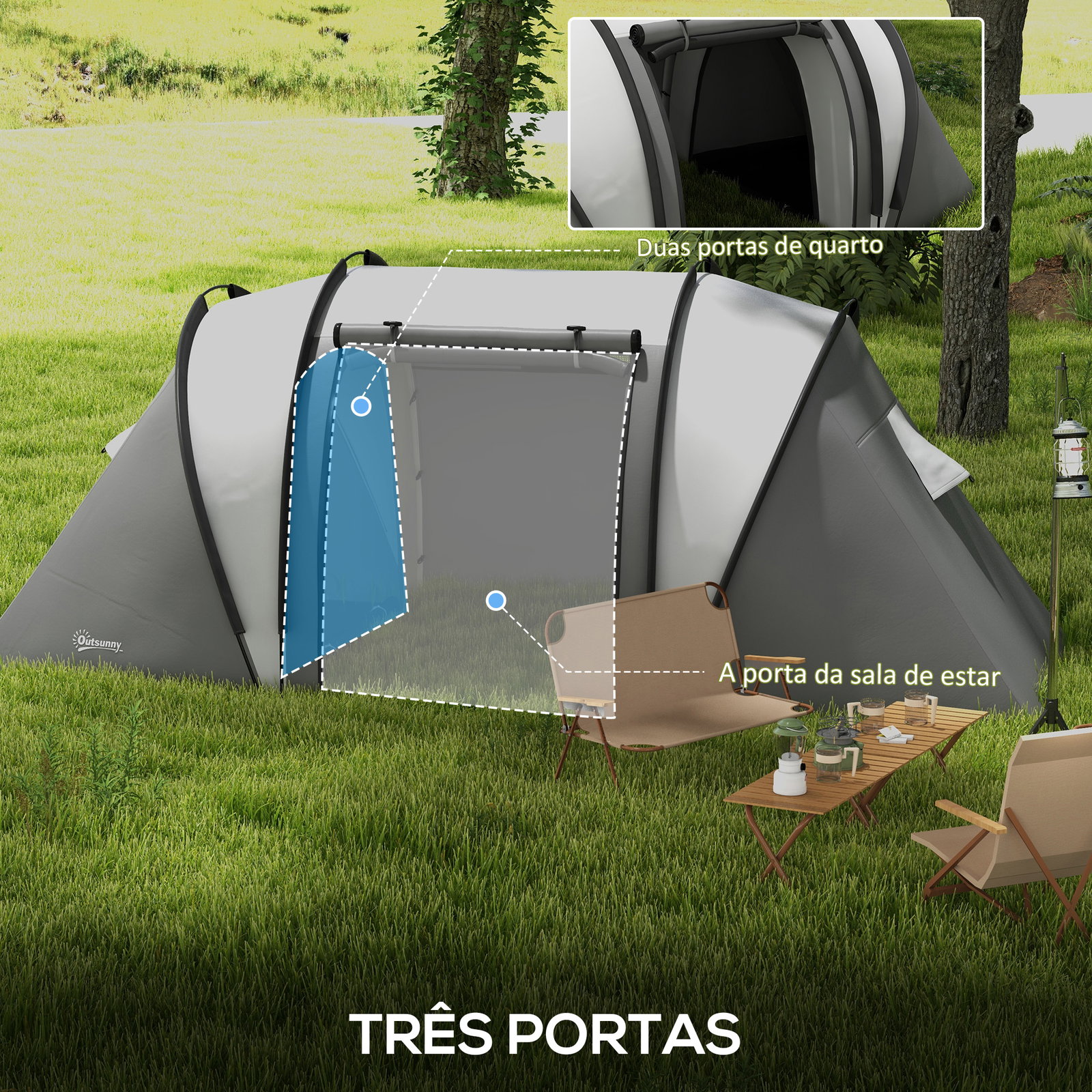 Tenda de campismo familiar para 4-5 pessoas impermeável 3000 mm com 2 quartos bolsa de transporte e gancho 450x220x180 cm cinzento