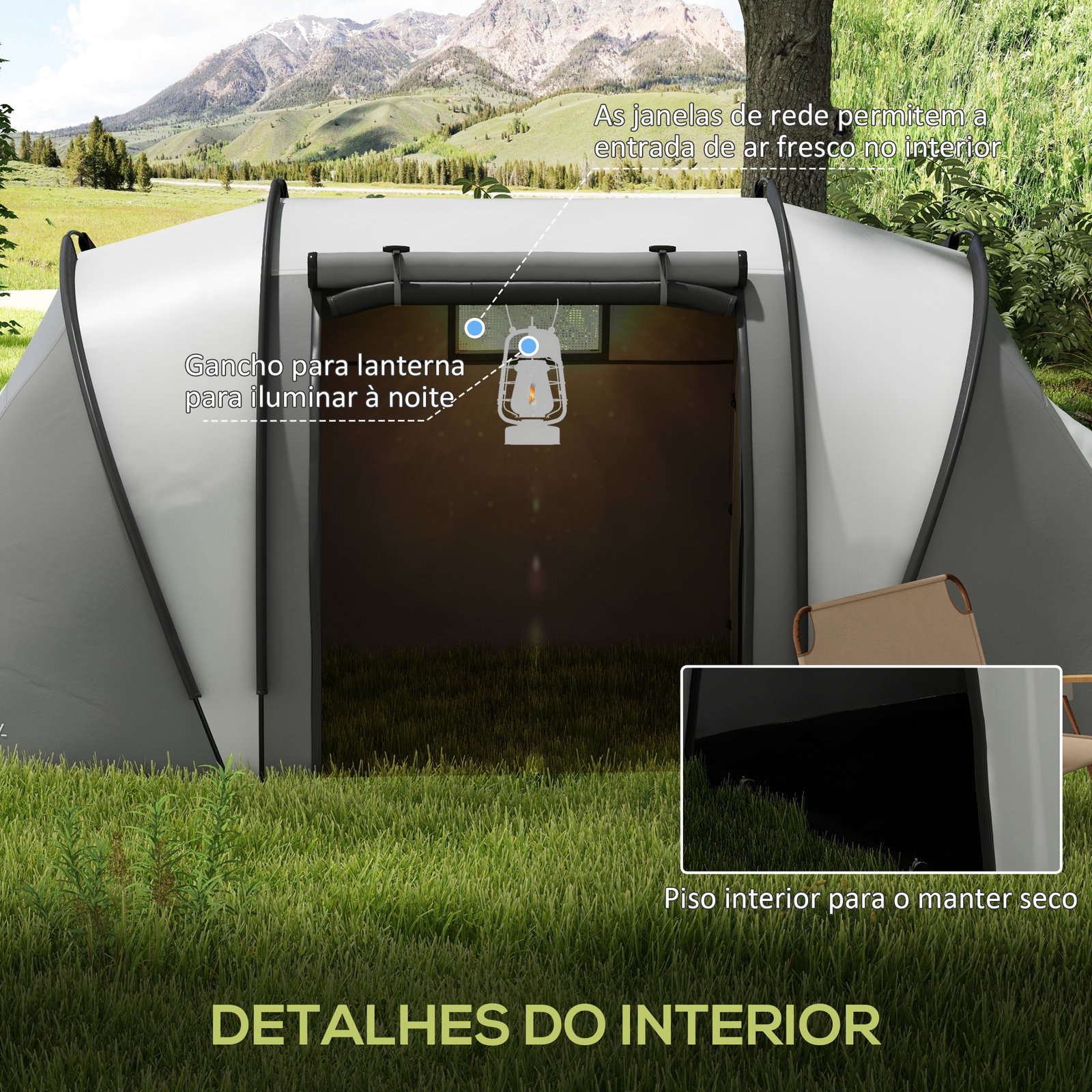 Tenda de campismo familiar para 4-5 pessoas impermeável 3000 mm com 2 quartos bolsa de transporte e gancho 450x220x180 cm cinzento
