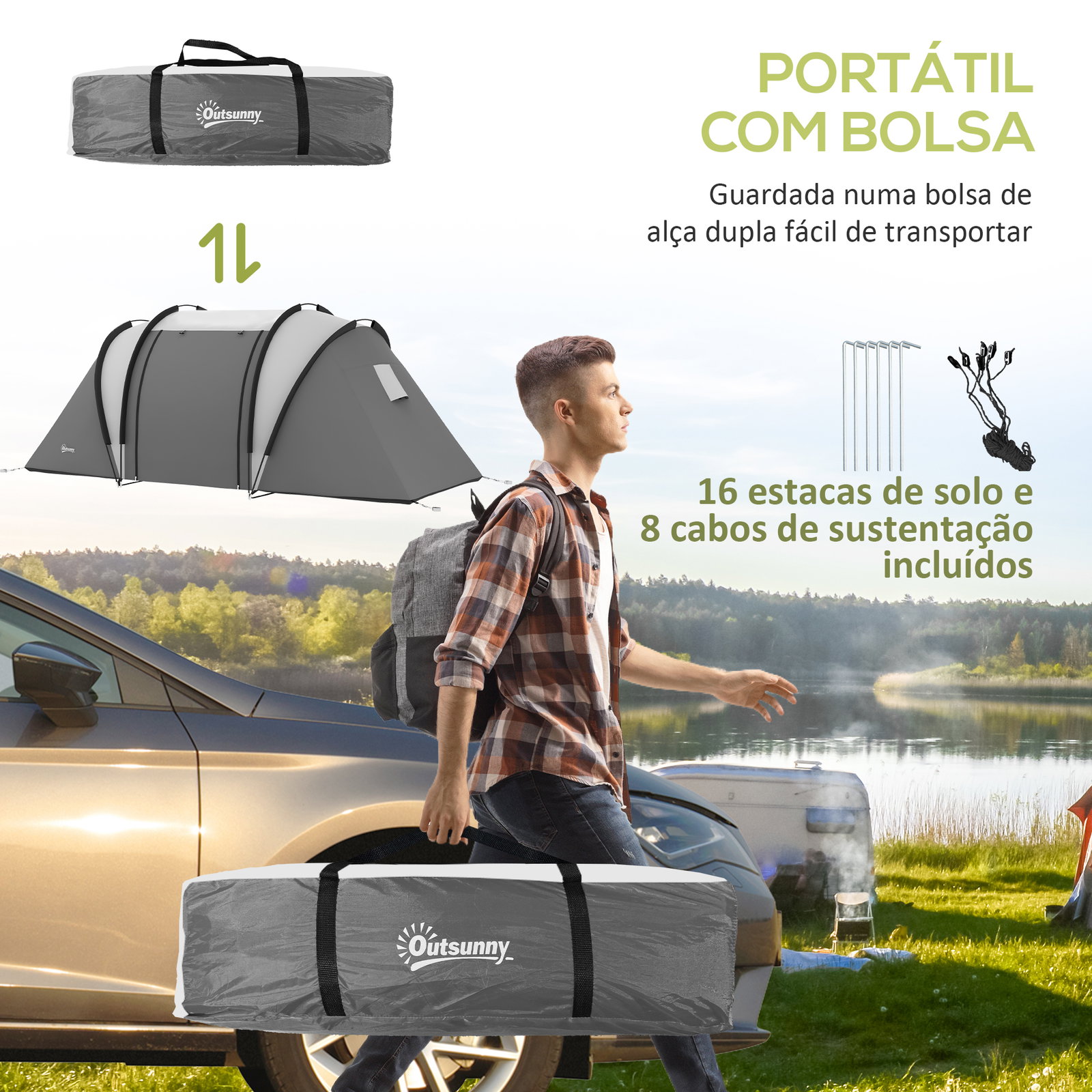 Tenda de campismo familiar para 4-5 pessoas impermeável 3000 mm com 2 quartos bolsa de transporte e gancho 450x220x180 cm cinzento