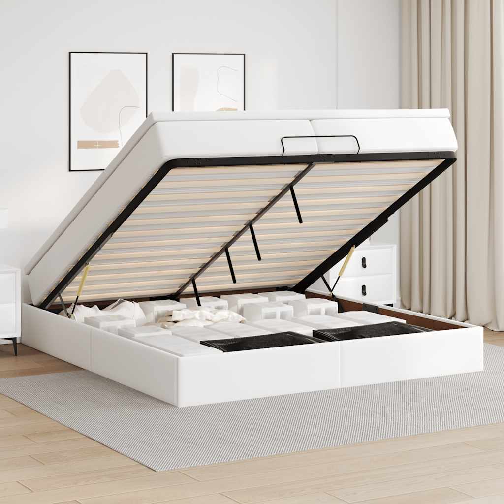 Estrutura de cama otomana com colchão branco couro falso