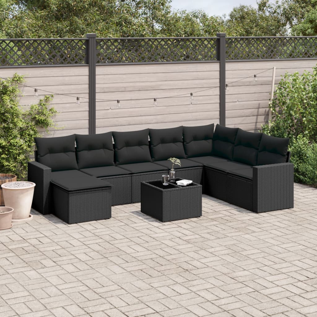 9 Pcs conjunto de sofás p/ jardim c/ almofadões vime PE preto