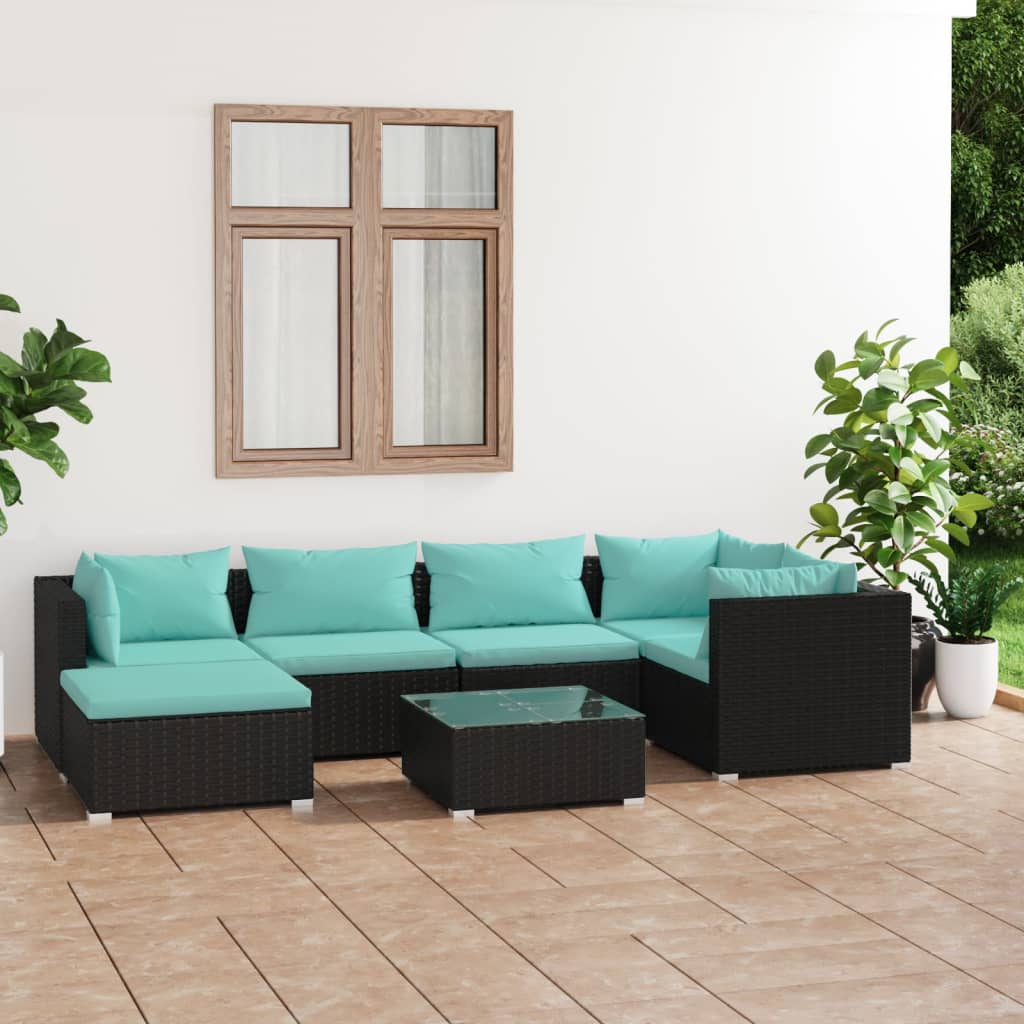 7 Pcs conjunto lounge de jardim c/ almofadões vime PE preto