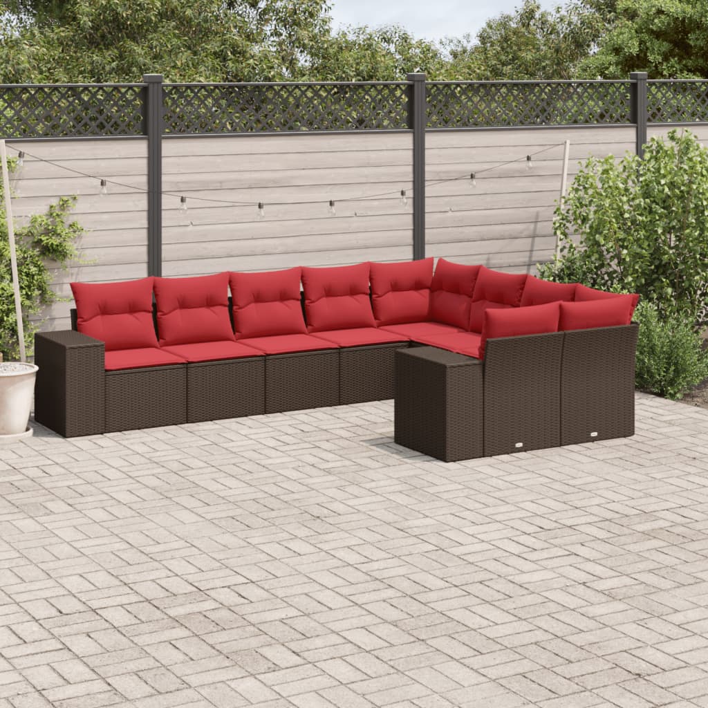 Conjunto de sofá de jardim com 9 peças e almofadas em rattan sintético marrom