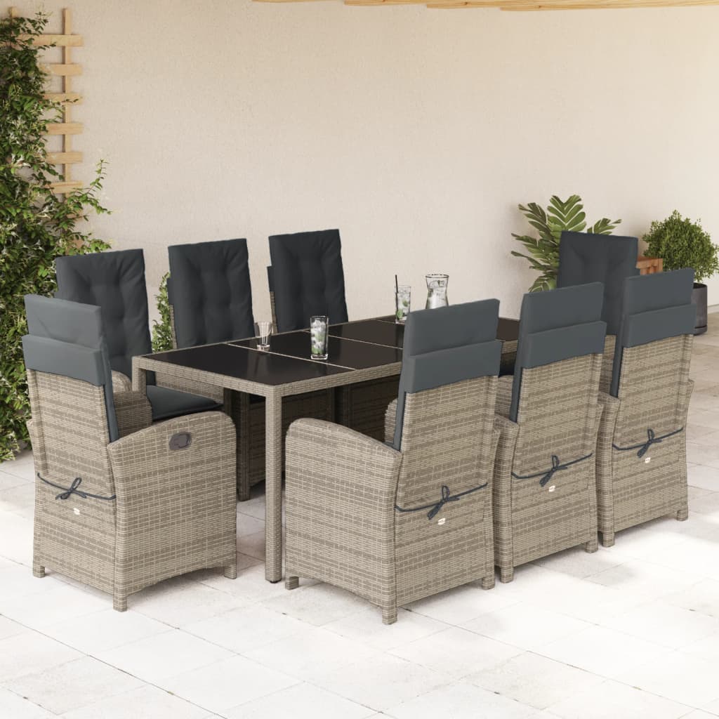 9 Pcs conjunto de jantar p/ jardim c/ almofadões vime PE cinza