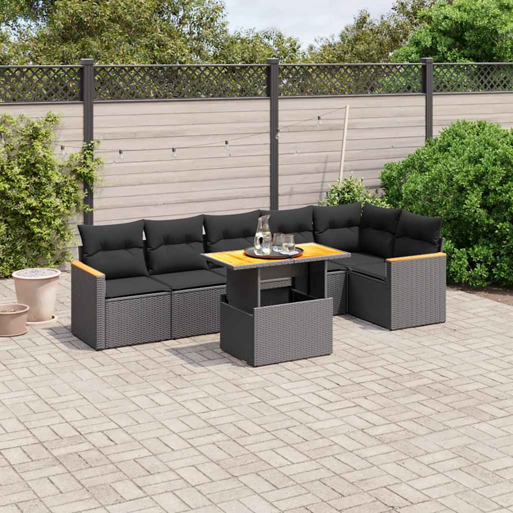 7 Pcs conjunto de sofás p/ jardim c/ almofadões vime PE preto