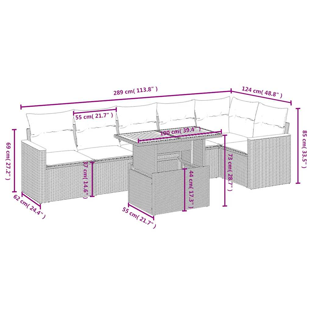 7 Pcs conjunto de sofás p/ jardim c/ almofadões vime PE preto
