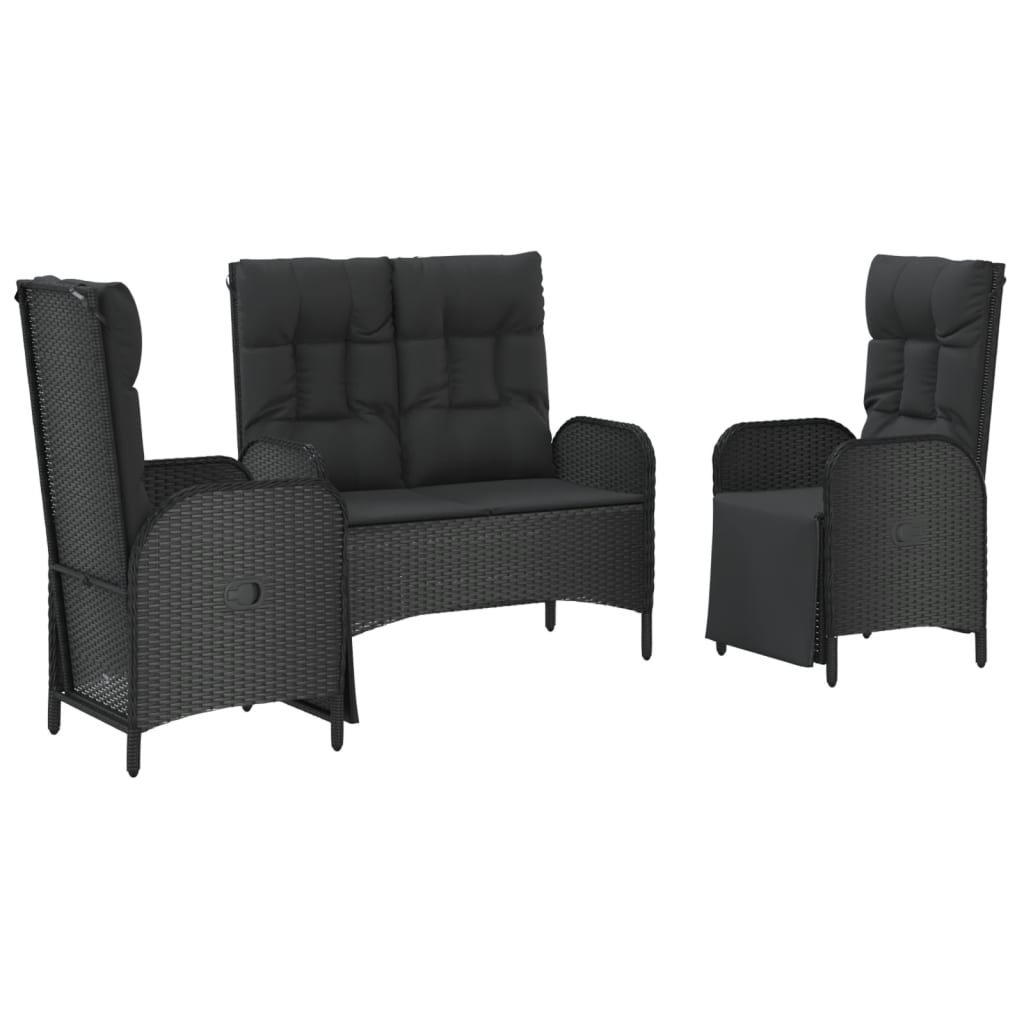3 Pcs conjunto de jantar p/ jardim c/ almofadões vime PE preto