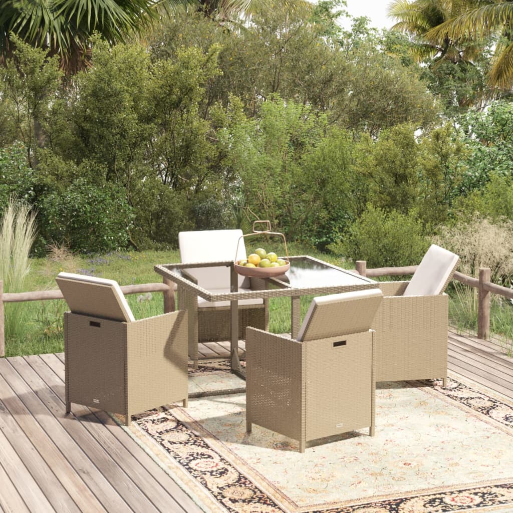 5 Pcs conjunto jantar p/ jardim c/ almofadões vime PE bege