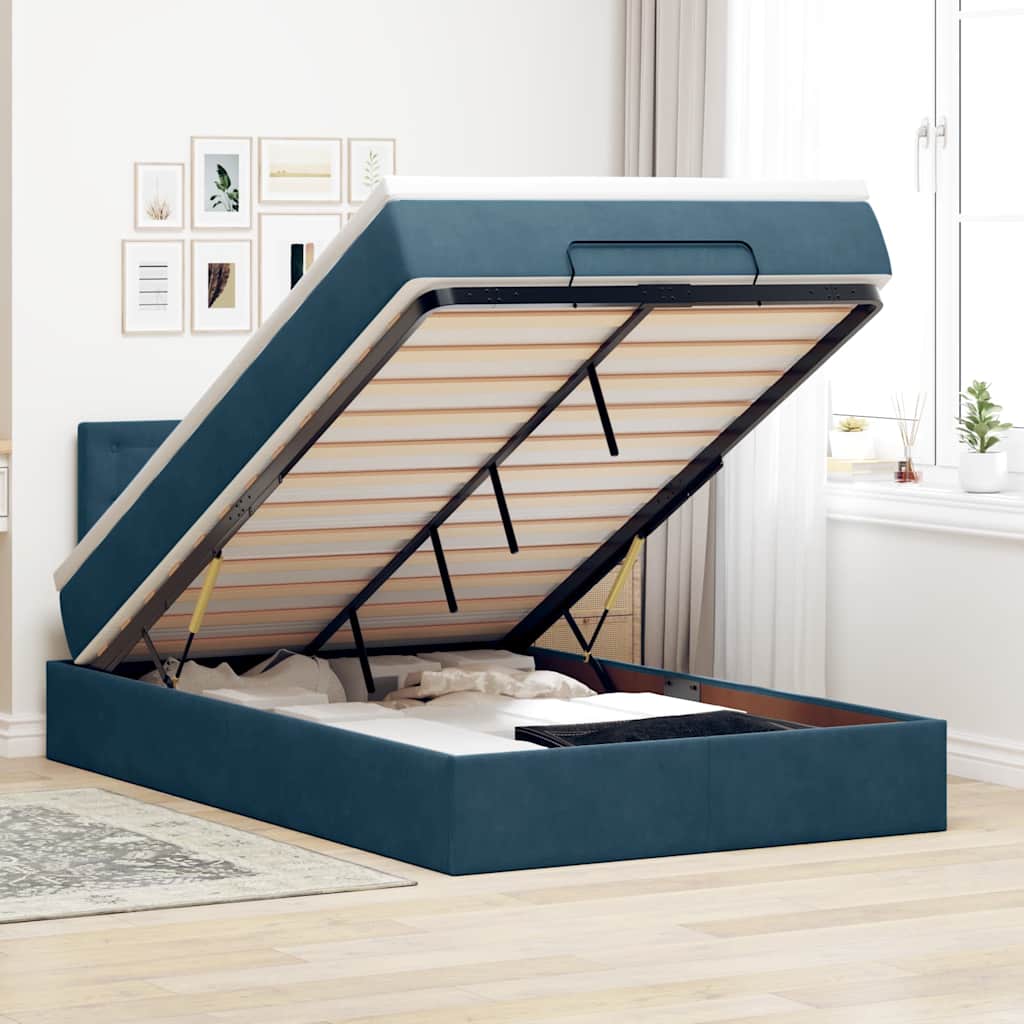 Estrutura cama otomana colchão 120x200cm veludo azul escuro