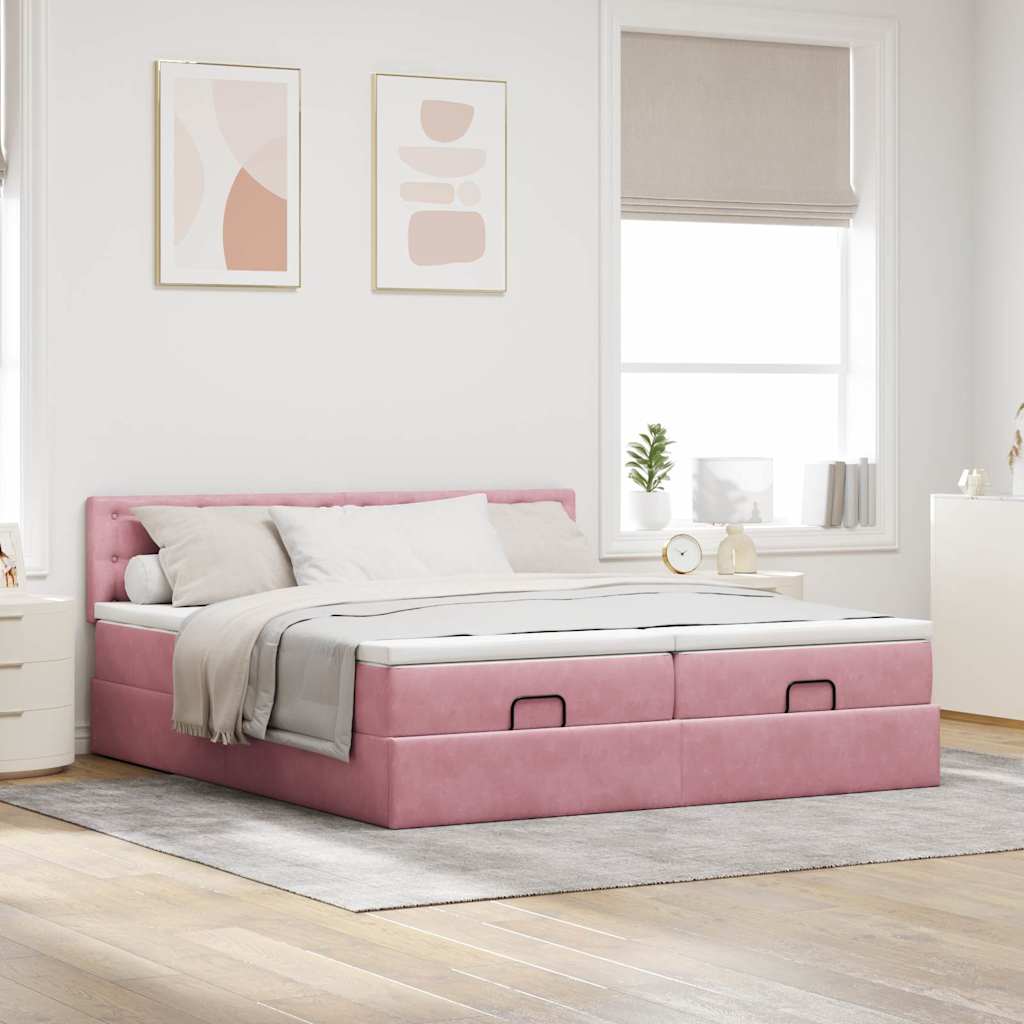 Moldura de cama otomana com colchão rosa 200x200cm veludo