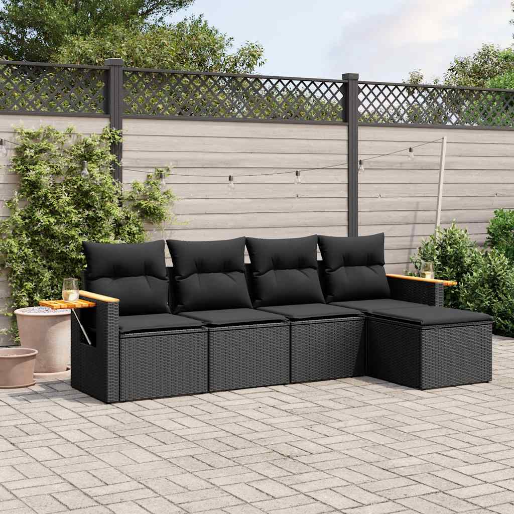5 Pcs conjunto sofás de jardim com almofadões vime PE preto