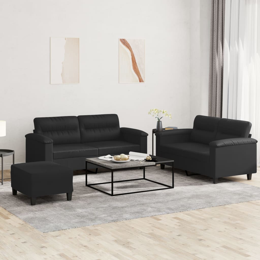3 Pcs conjunto de sofás com almofadões couro artificial preto