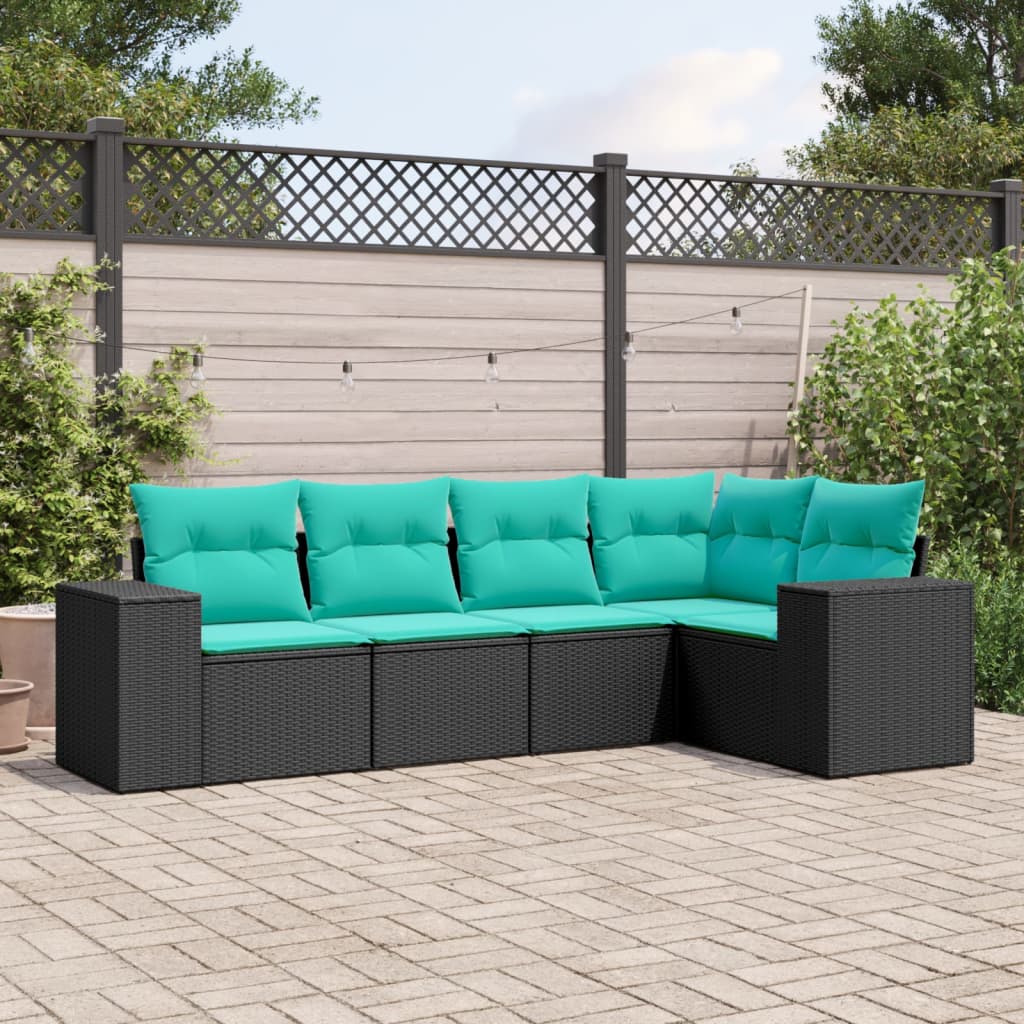 Conjunto de sofá de jardim de 5 peças com almofadas em rattan sintético preto