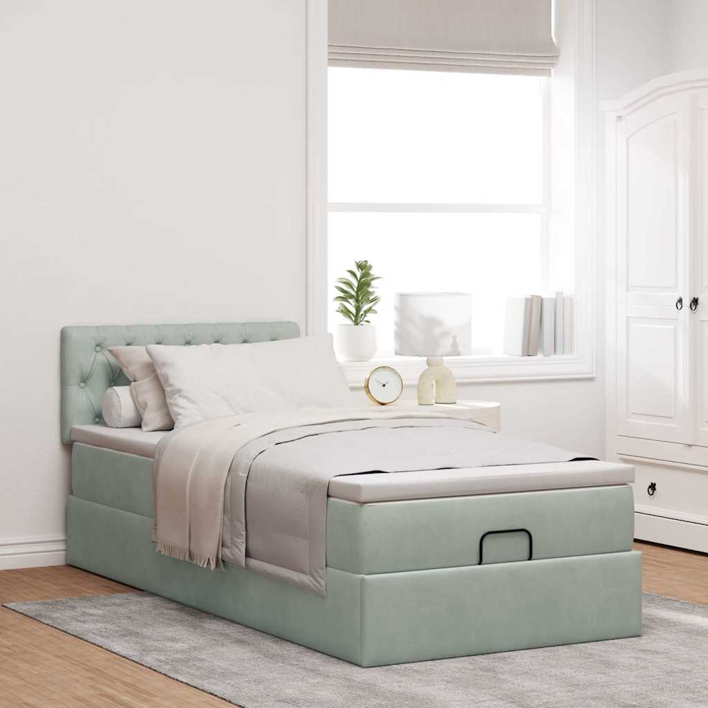 Estrutura de cama otomana com colchão cinza claro veludo