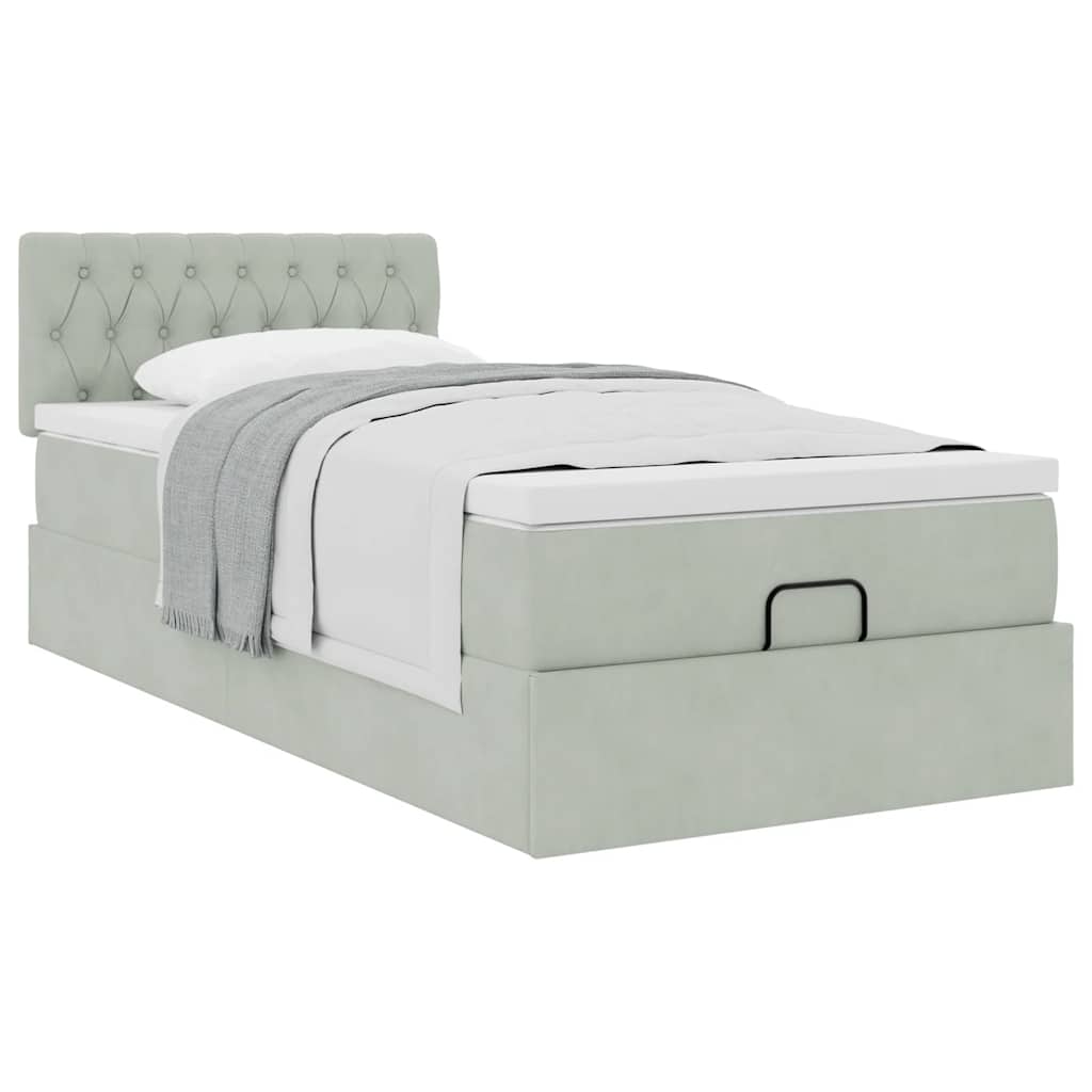 Estrutura de cama otomana com colchão cinza claro veludo