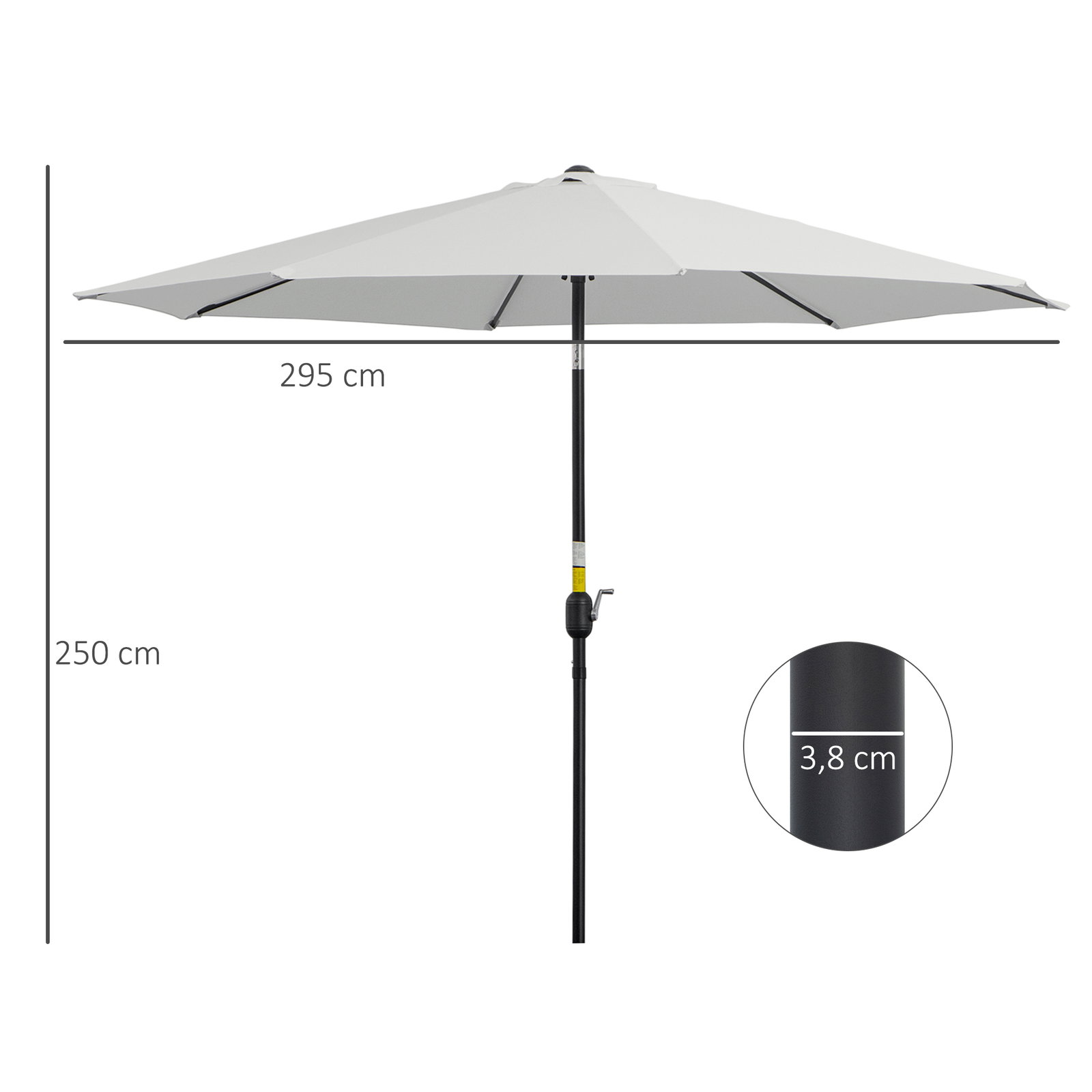 Chapéu de Sol de Jardim Ø295x250cm com Manivela Chapéu de Sol Exterior com Mecanismo de Inclinação e Mastro Desmontável de Metal
