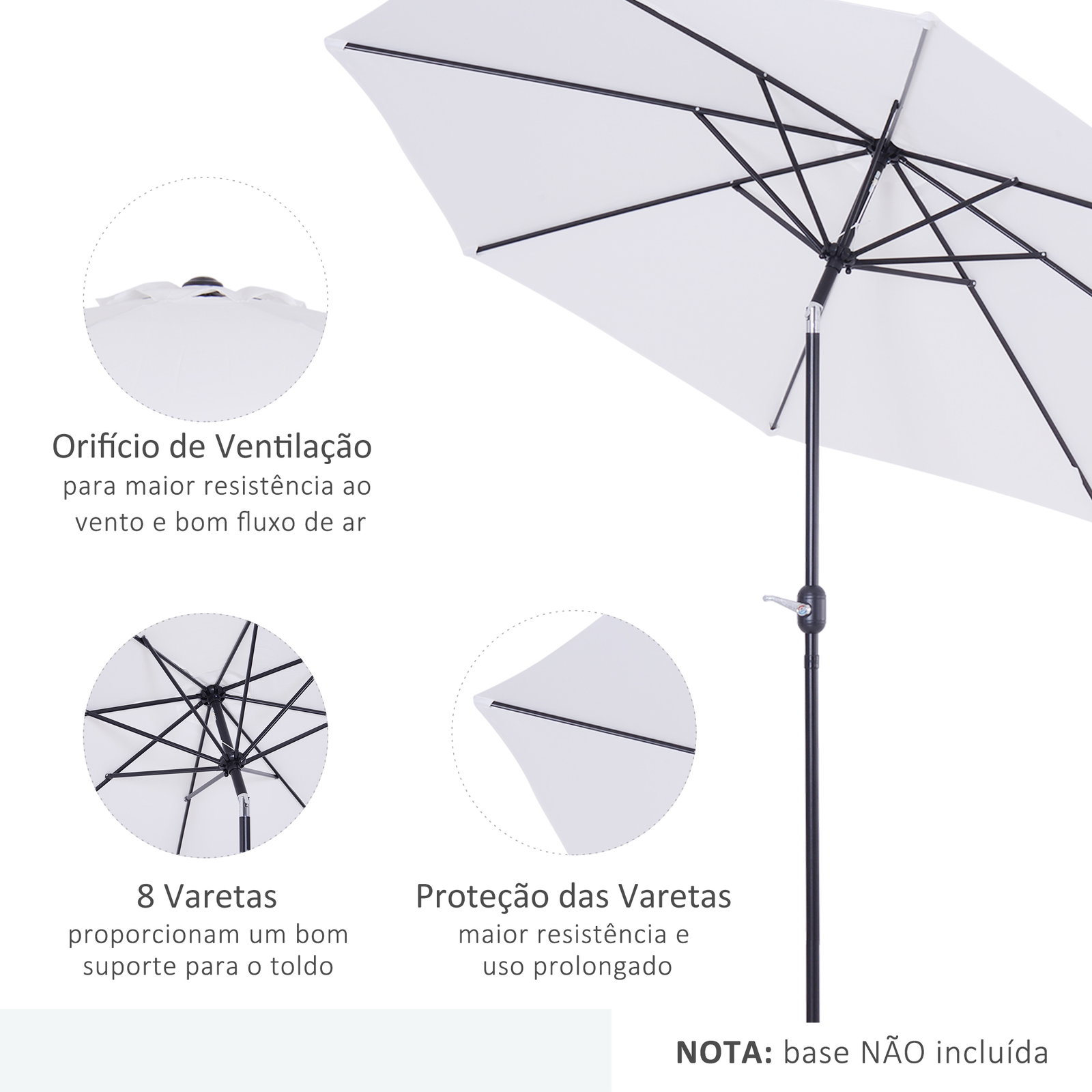 Chapéu de Sol de Jardim Ø295x250cm com Manivela Chapéu de Sol Exterior com Mecanismo de Inclinação e Mastro Desmontável de Metal