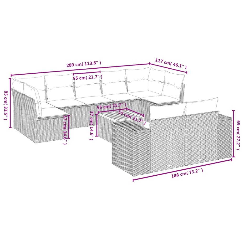 10 Pcs conjunto sofás de jardim c/ almofadões vime PE cinzento