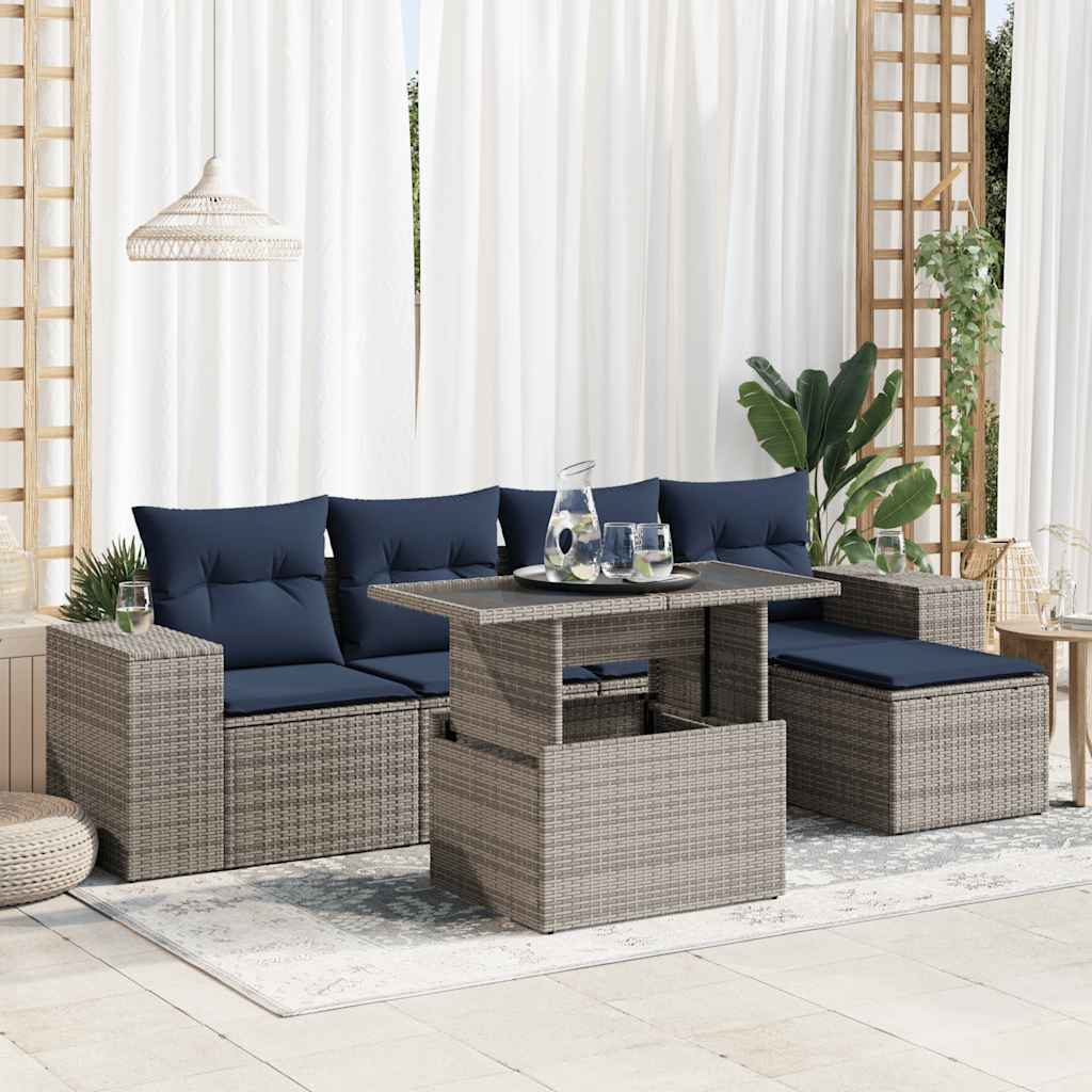 6 Pcs conjunto sofás jardim com almofadões PE/acácia cinzento