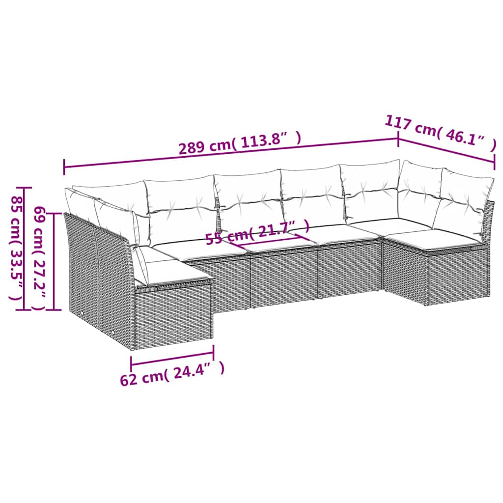 7 Pcs conjunto de sofás p/ jardim c/ almofadões vime PE preto