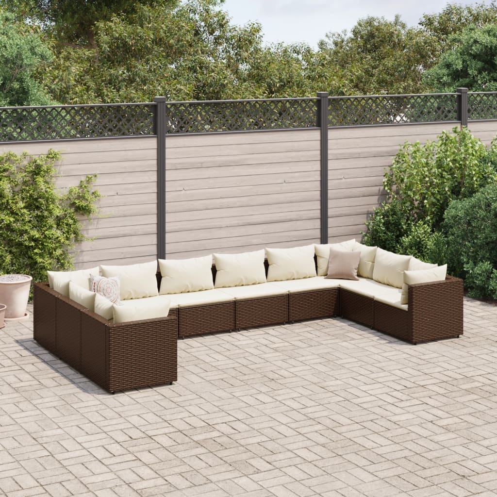 10 Pcs conjunto lounge jardim c/ almofadões vime PE castanho