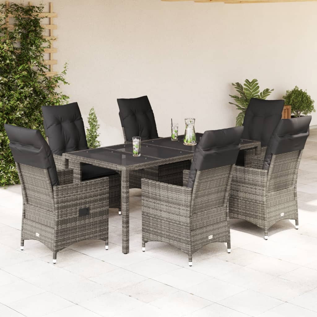 7 Pcs conjunto de jantar p/ jardim c/ almofadões vime PE cinza