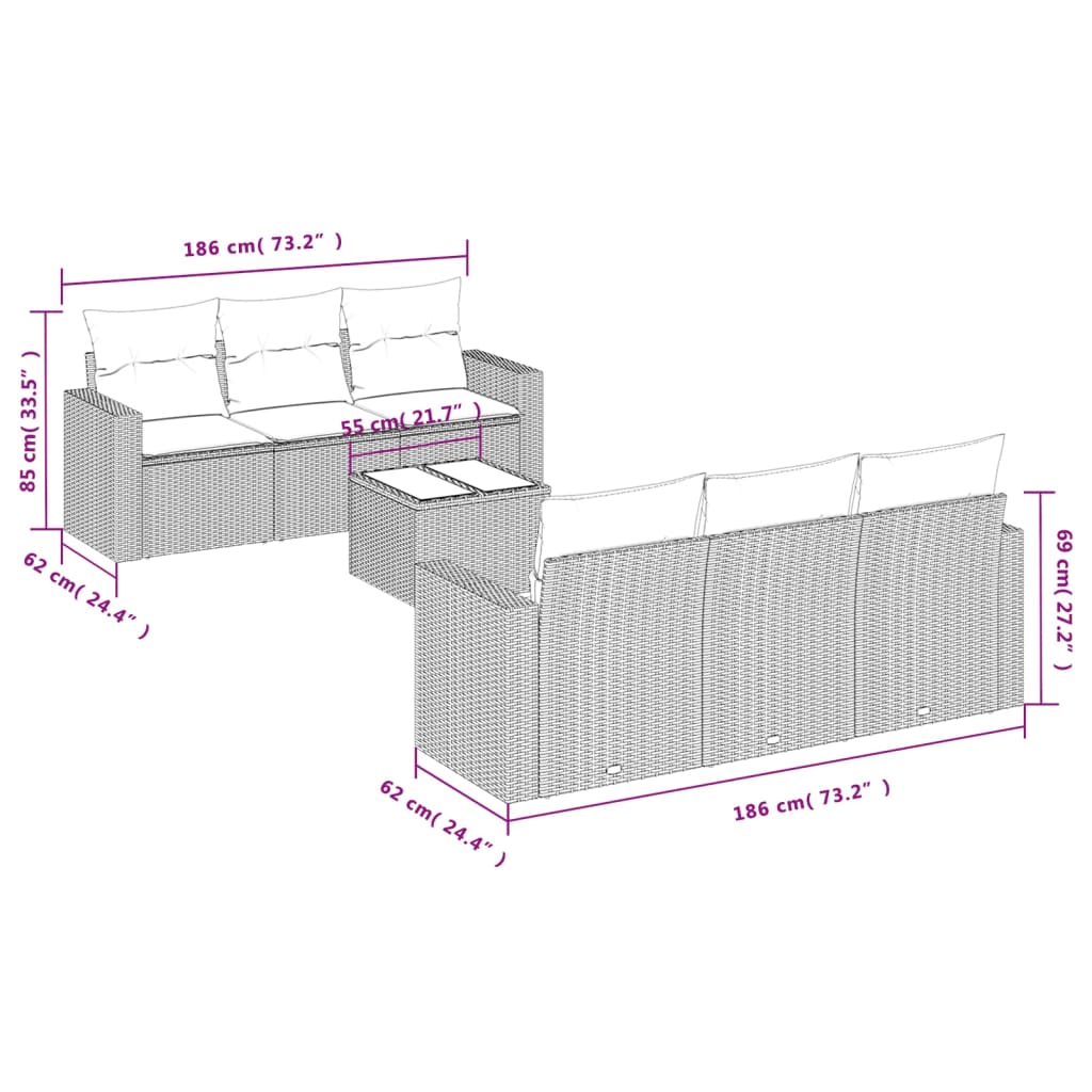 7 Pcs conjunto de sofás p/ jardim c/ almofadões vime PE preto