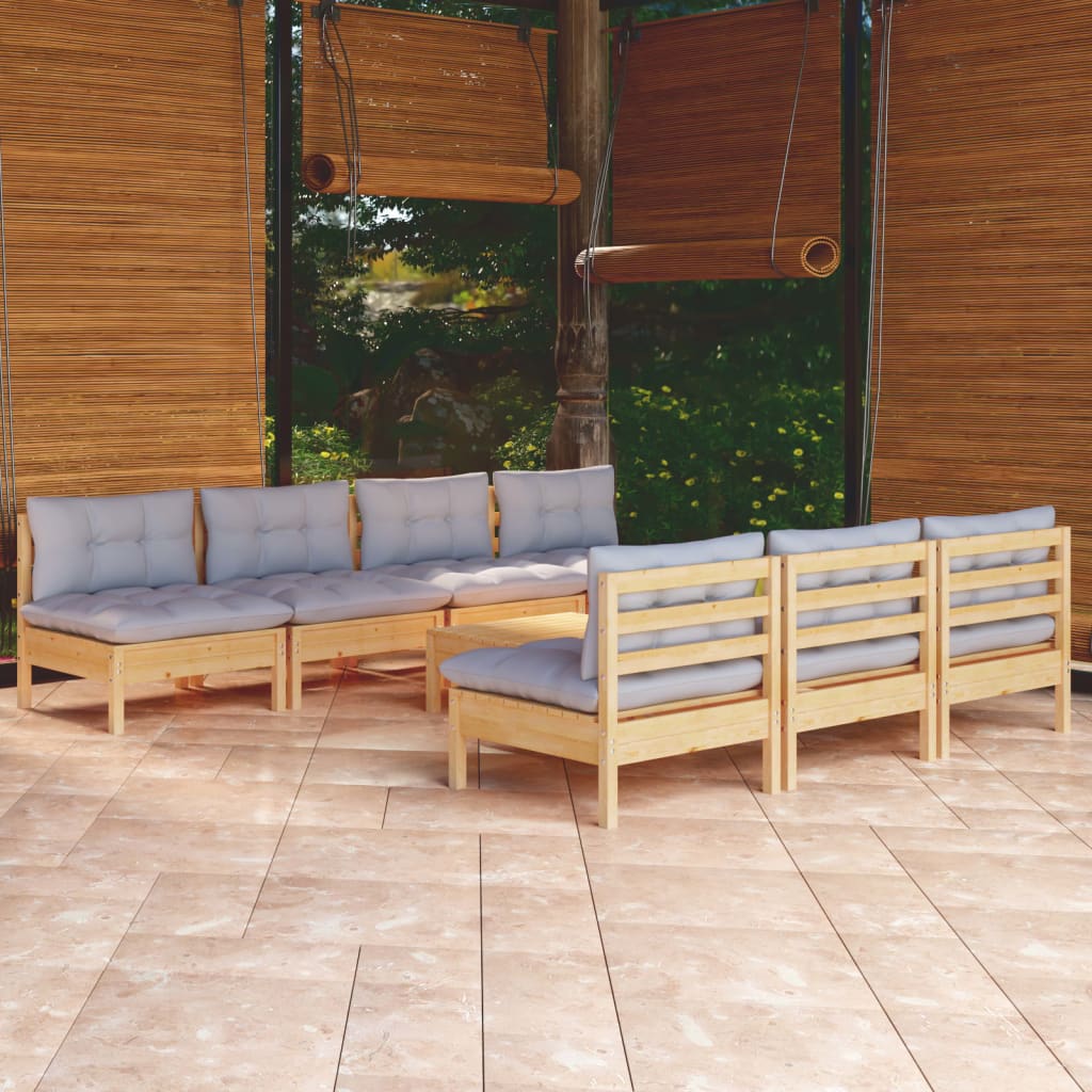 8 Pcs conjunto lounge de jardim c/ almofadões cinzentos pinho