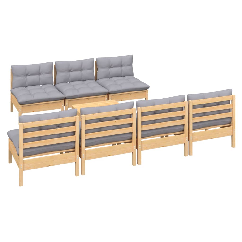 8 Pcs conjunto lounge de jardim c/ almofadões cinzentos pinho