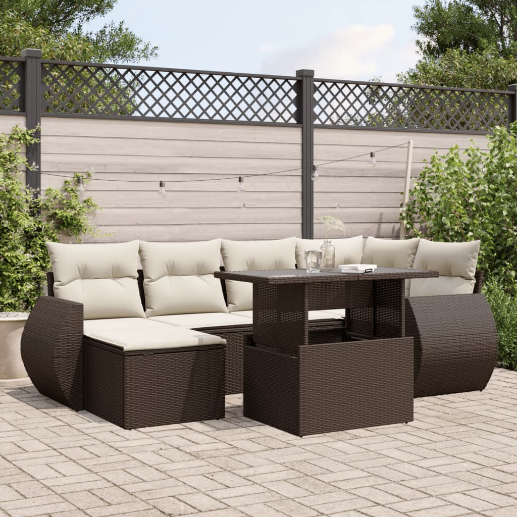 7 Pcs conjunto de sofás jardim c/ almofadões vime PE castanho