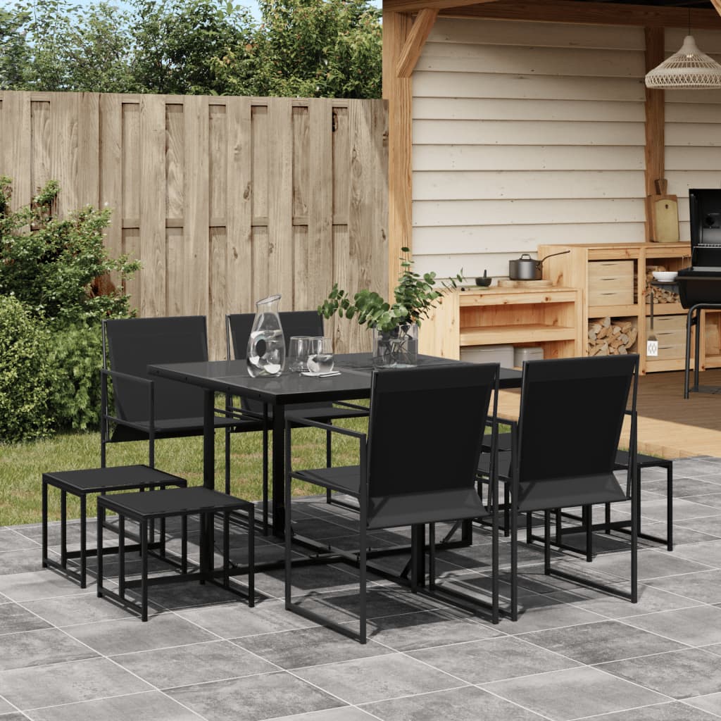9 Pcs conjunto de jantar para jardim textilene preto