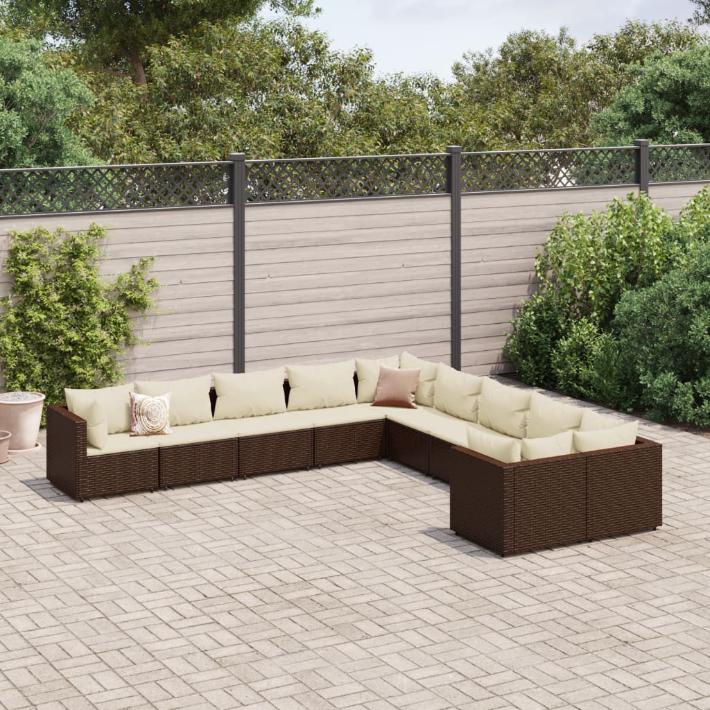 10 Pcs conj. sofás jardim com almofadões vime PE castanho