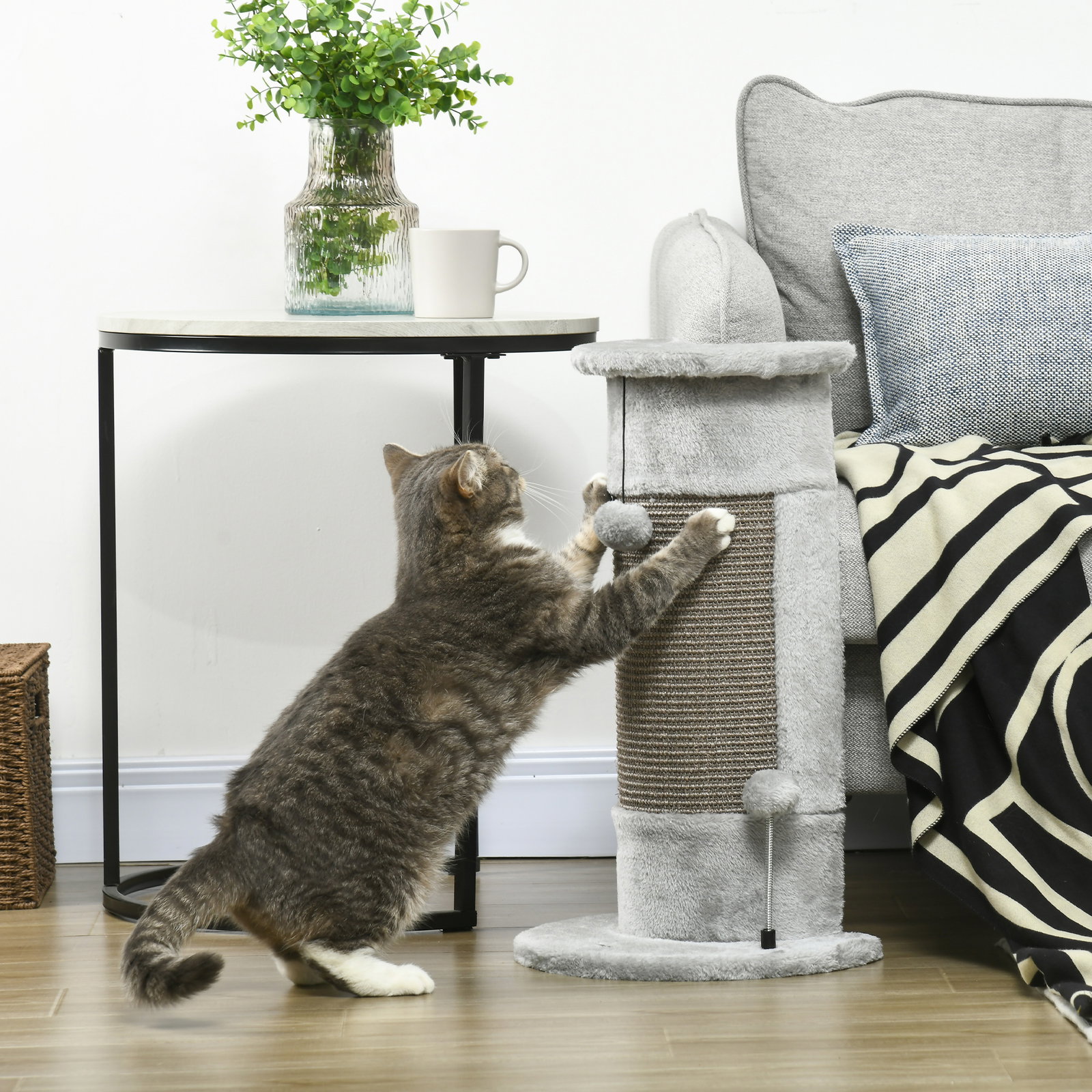 Poste de arranhar para gatos 58 cm arranhador para gatos com poste de sisal e bolas suspensas 34x25,5x58 cm cinza