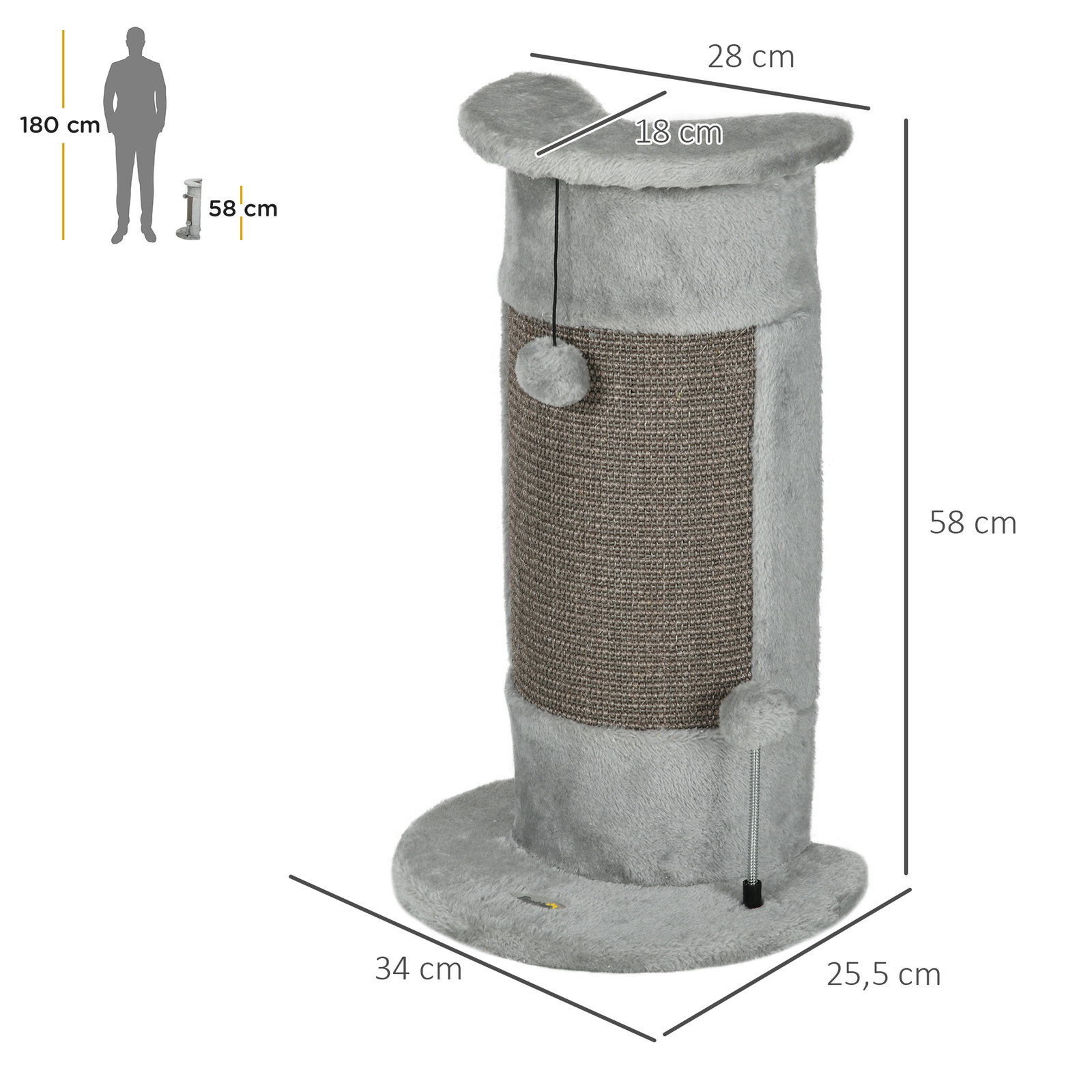 Poste de arranhar para gatos 58 cm arranhador para gatos com poste de sisal e bolas suspensas 34x25,5x58 cm cinza