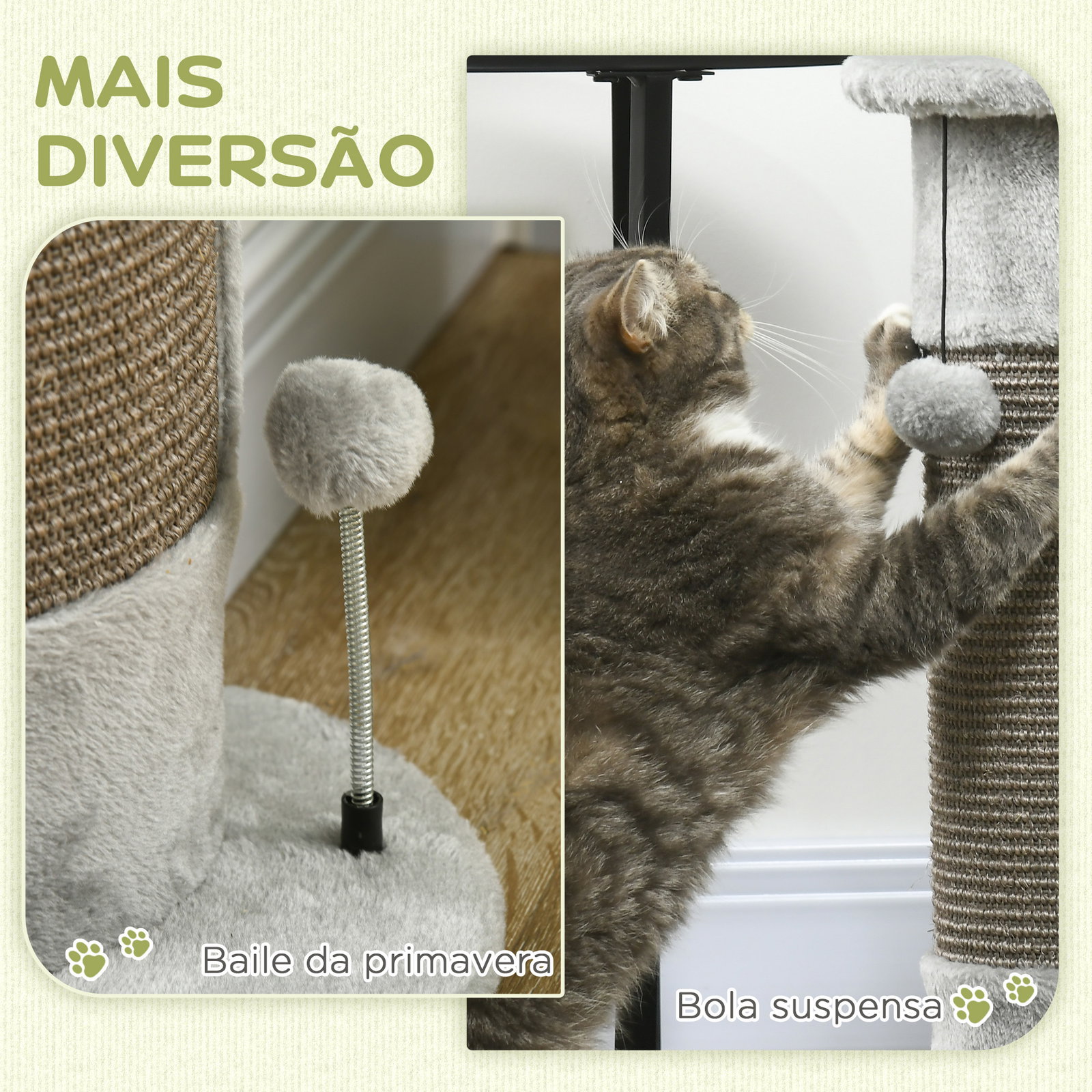Poste de arranhar para gatos 58 cm arranhador para gatos com poste de sisal e bolas suspensas 34x25,5x58 cm cinza
