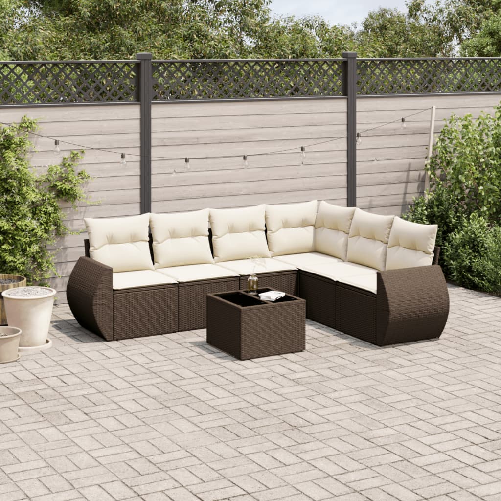7 Pcs conjunto de sofás jardim c/ almofadões vime PE castanho