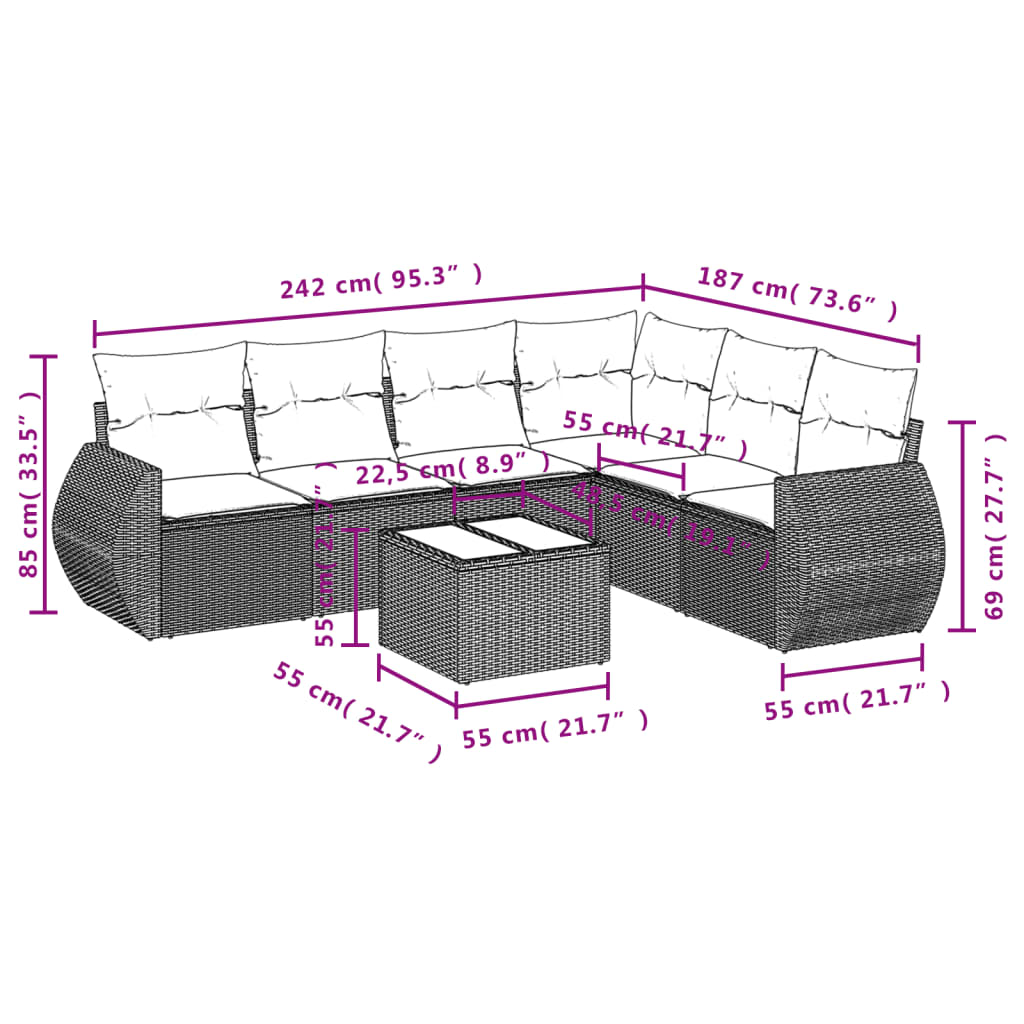 7 Pcs conjunto de sofás jardim c/ almofadões vime PE castanho